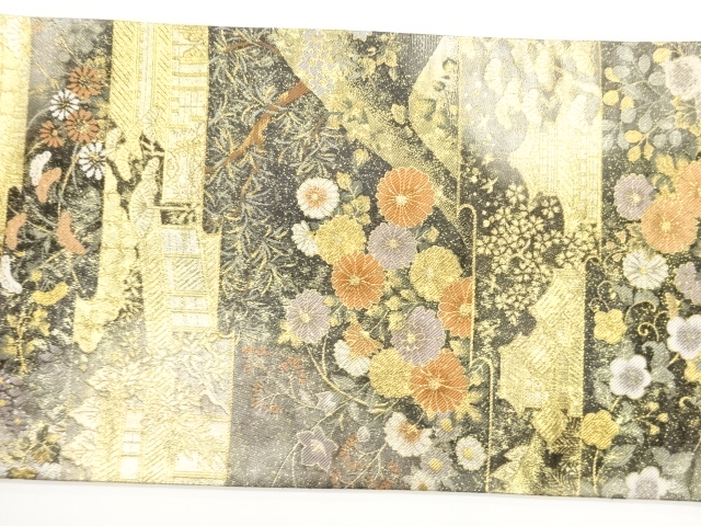  引箔秋草に寺・横段模様織出し袋帯